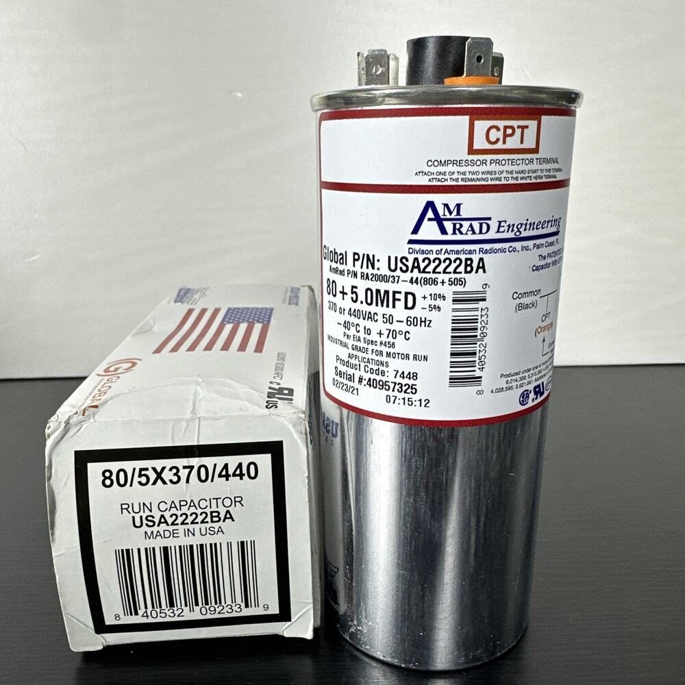AmRad Round‎ Run Capacitor 80/5 MFD 370/440 VAC USA2222BA
